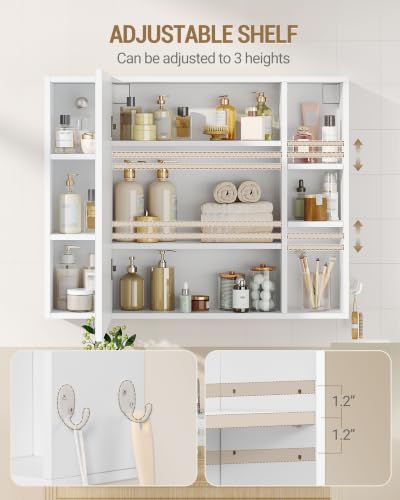 Hzuaneri Bathroom Cabinet with Mirror, Wall Cabinet with Storage Space | Wall Mounted with Reversible Install Storage Space,6 Open Compartments,3 Hidden Storage Shelves,Hooks,6.5"Dx25.6"Wx 31.5"H