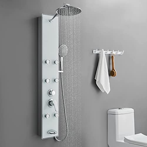 POPFLY Tempered Glass Shower Panel Tower System, 9" Adjustable Shower Arm Height, 304 Stainless Steel White Shower Panels Tower with 6 Massage Jet and Tub Spout - color: Tempered Glass-white With 6 Jets