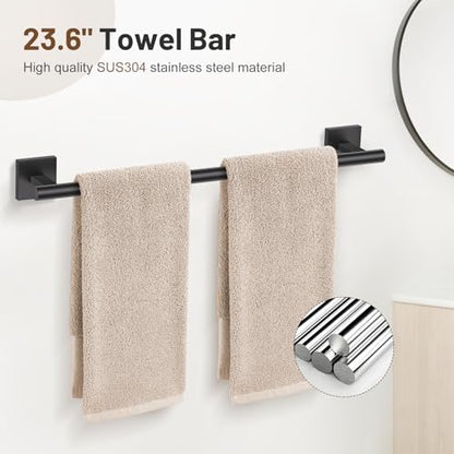 Lairuier Bathroom Hardware Set Matte Black, Towel Holder Set Wall Mounted | Bathroom Accessories Set, SUS304 Stainless Steel 23.6" Towel Bar, Toilet Paper Holder with Shelf, Towel Ring and Towel Hooks - color: Black, size: 5 Pieces - With Shelf