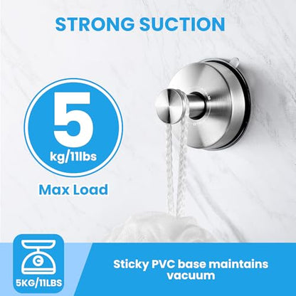 JOMOLA Suction Cup Hooks Suction Shower Hook Bathroom Towel Hanger for Shower Storage Kitchen Utensil Stainless Steel, Brushed Finish, 2PCS - color: Silver