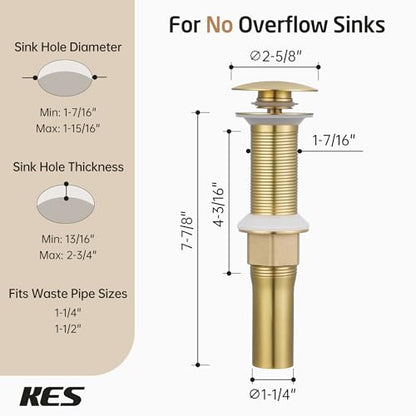 KES Sink Drain without Overflow Anti Clogging Pop Up Drain with Strainer Bathroom Sink Drain Assembly Brushed Gold, S2013D-BZ - color: Brushed Gold, style: for NO overflow sink,1-pack