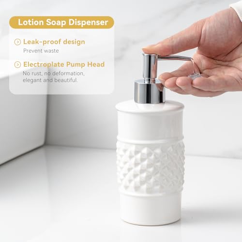 3-Piece White Ceramic Bathroom Accessories Set - Luxurious Soap Dispenser, Toothbrush Holder & Soap Dish with Modern Geo Embossed Design for Bathroom Accessory Set - color: White 024