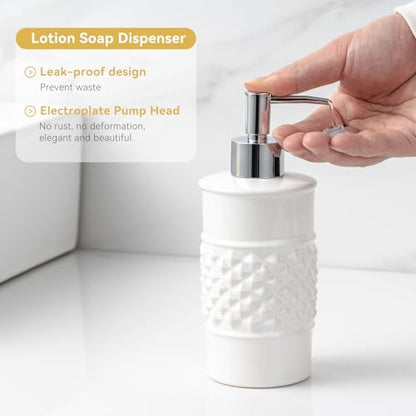 3-Piece White Ceramic Bathroom Accessories Set - Luxurious Soap Dispenser, Toothbrush Holder & Soap Dish with Modern Geo Embossed Design for Bathroom Accessory Set - color: White 024