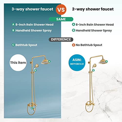 gotonovo Exposed Shower System with Spout,Polished Gold,No Shower Shelf | Brass Shower Faucet Set,8’’ Rain Head with Handheld Spray,Swivel Tub Spout,2 Cross Handle,6’’ Hole Distance,Adjustable Height - color: Bright Gold