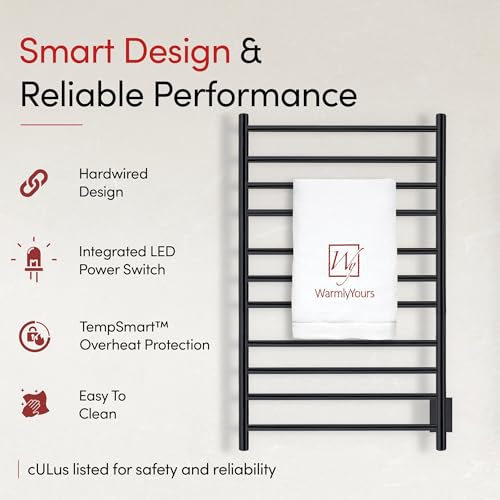 WarmlyYours Malta Heated Towel Rack, 11-Bar Electric Towel Warmer for Bathroom, Hardwired Wall-Mounted, Heated Drying Rack, Matte Black - Luxurious, Spa-Like Warm Towels for Your Bathroom - color: Matte Black (11 Bars)