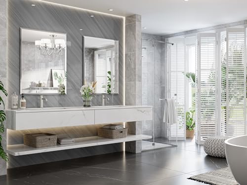 28"x36" Frameless Beveled Bathroom Mirrors for Vanity | Wall Mount Mirror for Bedroom Entryway Living Room Hangs Horizontally or Vertically - size: 36"L x 28"W