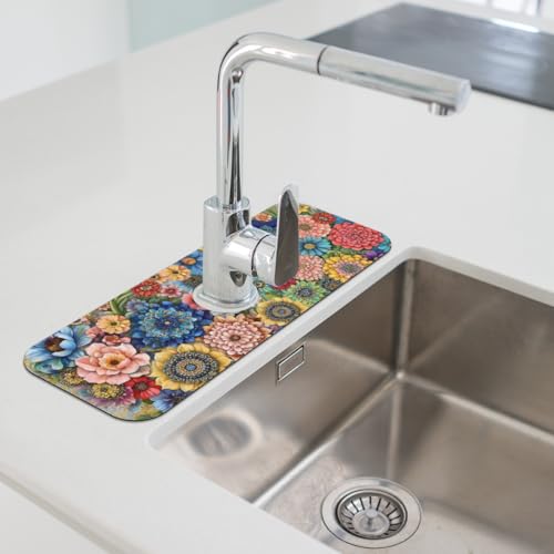 Kitchen Sink Splash Guard Faucet Mat Boho Flowers 2PCS Super Absorbent Fast Drying Faucet Guard & Draining Mat Sink Splash Guard Behind Faucet Drip Catcher for Kitchen Bathroom RV (15.4" X 5.7" ) - size: 15.4" X 5.7"-2PCS
