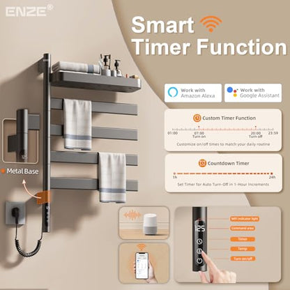 ENZE Smart Rotating Heated Towel Rack, 4-Bar Wall-Mounted, Gray | Electric Towel Warmer with Swivel Shelf, Wi-Fi App Control, 24H Timer, Stainless Steel, IPX5, Hardwired/Plug-in - color: Gray 17.72"x26.77"