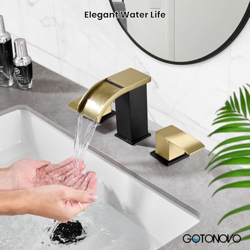 gotonovo Waterfall Bathroom Faucet 3 Hole Square Body,Brushed Gold&Black | SUS304 8’’ Widespread Bathroom Sink Faucet,2.17’’ Wide Spout,24’’ cUPC Hose,Pop Up Drain,2 Handle,Vanity,Lavatory,Basin,RV - color: Gold&Black