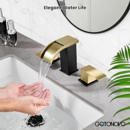 gotonovo Waterfall Bathroom Faucet 3 Hole Square Body,Brushed Gold&Black | SUS304 8’’ Widespread Bathroom Sink Faucet,2.17’’ Wide Spout,24’’ cUPC Hose,Pop Up Drain,2 Handle,Vanity,Lavatory,Basin,RV - color: Gold&Black