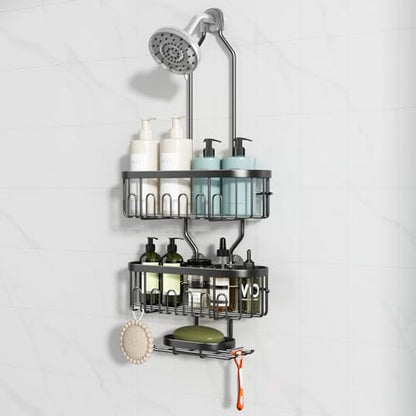 CICUFY Shower Caddy Hanging, Rustproof Bathroom Shower Organizer Hanging, No Drilling Over the Shower Head Caddy with Hooks for Razor, Shower Shampoo Holder with Soap Basket, Black