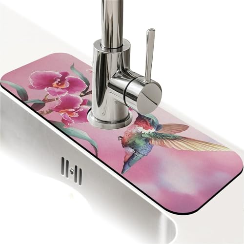 Kitchen Sink Splash Guard，Hummingbird, orchid-1 Faucet Mat Sink Gadgets-Super Absorbent Fast Drying Mat Drip Catcher for Kitchen, Bathroom,Sink Mat, Dish Drying Mat, Bathroom(15" X 5.5" ) - color: Hummingbird, orchid-1