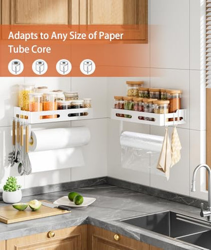Paper Towel Holder Wall Mount with Shelf, Easy One Hand Tear, Adhesive Glue or Drill Mount Hanging Paper Towel Holder with Shelf for Kitchen/Bathroom/RV, White Metal, 4 Hooks - color: White