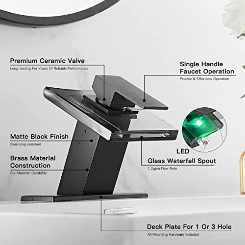 Black Bathroom Sink Faucet LED Light 3 Color Changing Waterfall Glass Spout | Hot and Cold Water Mixer Single Handle One Hole Deck Mounted Bathroom Faucet Lavatory Vanity Basin Mix Tap - color: Black, style: with LED Light