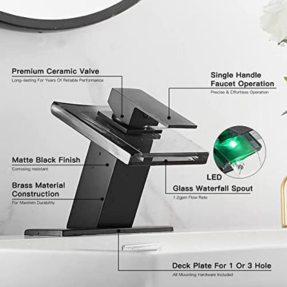 Black Bathroom Sink Faucet LED Light 3 Color Changing Waterfall Glass Spout | Hot and Cold Water Mixer Single Handle One Hole Deck Mounted Bathroom Faucet Lavatory Vanity Basin Mix Tap - color: Black, style: with LED Light