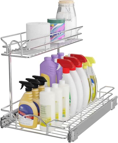 OCG Under Sink Cabinet Organizer Two Tier Pull Out Shelf (14.75W x 17D), Under Sink Sliding Shelf for Kitchen Bathroom Cabinet 2 Tier Chrome - size: 14.75W17D