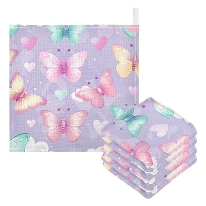 YETTASBIN Butterfly Muslin Baby Hand Washcloths, Soft Cotton Bath Face Towel, 4 Layers Extra Absorbent Feeding Burp Cloth for Newborn Infant, 5 Pack - size: 12 Inch x 5 Pack