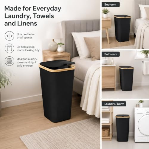 Slim Bamboo Laundry Hamper with Lid, Collapsible Clothes Hamper with Removable Inner Bag and Fiberglass Support Rods, Narrow Laundry Basket for Bedroom Bathroom Dorm, Black, 15.7 x 11.8 x 23.6 In