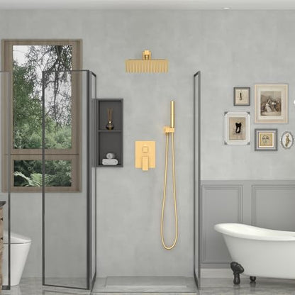 10 In Rain Shower Head High Pressure Rainfall Shower Head Brushed Gold | Square Rain Bathroom Showerhead, High Flow, Large Stainless Steel, Ceiling Mounted, Wall Mounted, Waterfall Full Body - color: Brushed Gold, size: 10 Inch