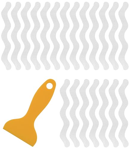 SANKEMU 20-Pack Clear Bathtub Stickers Non-Slip, Wave-Shaped Shower Decals with Scraper, Peel-and-Stick Tub Treads for Kids & Elders, Removable, No-Residue, 7.8"x0.8" Each