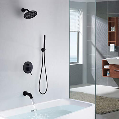 SUMERAIN Matte Black Rain Shower System with 8" Rain Shower Head | Waterfall Tub Spout, Brass Handheld Shower, Shower Faucet Set, Concealed Box Design, Easy to Maintain and Install - color: Matte Black, size: 3 Function