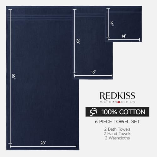 REDKISS Navy Towels Set 6 Piece Cotton Towel Sets with 2 Bath Towels, 2 Hand, 2 Washcloths, 650GSM Hotel Quality, Soft, Highly Absorbent Towels for Bathroom Gym, Ideal Everyday Use - color: Navy Blue