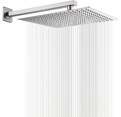 Rain Shower Head Brushed Nickel with Extension Arm 12 Inch Square Shower Head with 16 Inch Shower Arm Large Stainless Steel Rainfall Showerhead Waterfall Full Body Coverage by GGStudy - color: Brushed Nickel, size: 12inch