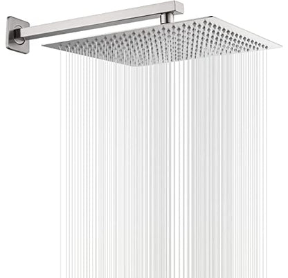 Rain Shower Head Brushed Nickel with Extension Arm 12 Inch Square Shower Head with 16 Inch Shower Arm Large Stainless Steel Rainfall Showerhead Waterfall Full Body Coverage by GGStudy - color: Brushed Nickel, size: 12inch