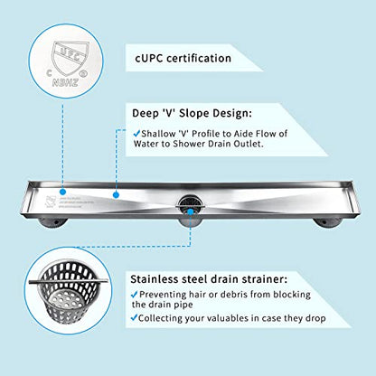 Neodrain 18" Brushed Linear Shower Drain,2-in-1 Flat& Tile Insert Cover | 304 Stainless Steel,Fast Drainage, Durable,Rectangle Shower Floor Drain with Adjustable Feet,Hair Strainer,Fits Bathrooms - color: Stainless Steel, size: 18 In