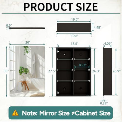 Medicine Cabinet 20x30 Inch, Bathroom Wall Mirror Cabinet with Storage, 6-Tier Adjustable Glass Shelving, Waterproof Aluminum Frame, Quiet Soft Close, Modern Vanity Decor - size: 20"x 30"