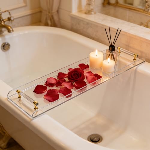 Clear Acrylic Bathtub Caddy Tray with Gold Handles for Luxury Bathroom Bathtub, 31 x 9 Inch