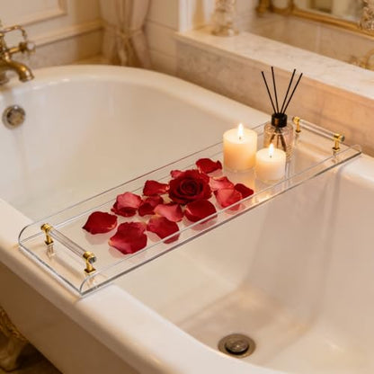 Clear Acrylic Bathtub Caddy Tray with Gold Handles for Luxury Bathroom Bathtub, 31 x 9 Inch