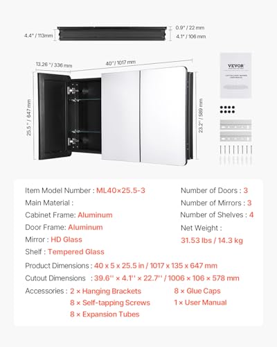 VEVOR Medicine Cabinet, 25.5 x 40 inch, Medicine Cabinet for Bathroom with Mirror, Aluminum Frame Bathroom Wall Cabinet, 4-Layer Adjustable Shelves, Recessed & Wall-Mounted Installation - size: 25.5x40in