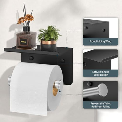 FORIOUS Toilet Paper Holder with Phone Shelf, Black & Brushed Nickel | Wall Mount Toilet Paper Roll Holder for Bathroom, Stainless Steel Commercial Toilet Tissue Roll Dispenser with Phone Shelf - color: Matte Black & Brushed Nickel