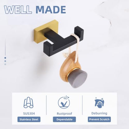 Angle Simple Double Towel Hook Black and Gold, Bathroom Robe Holder, 2 Pack | Stainless Steel Coat Hook, Hand Towel Holder Screw Wall Mount - color: Black & Gold, size: 2 Pack