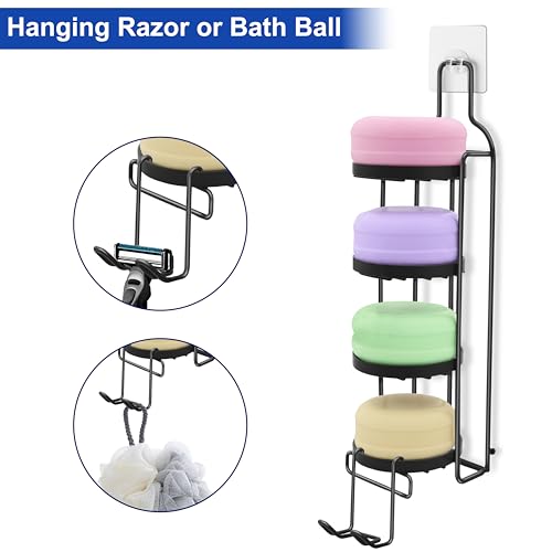 4 Tier Soap Dish for Shower, Wall Mounted Bar Soap Holder with Caddy Adhesive, Self Adhesive & Freestanding Draining, for Storage of Shampoo Bar, Razor, No Drilling, Black, 1Pack