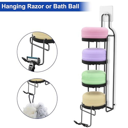 4 Tier Soap Dish for Shower, Wall Mounted Bar Soap Holder with Caddy Adhesive, Self Adhesive & Freestanding Draining, for Storage of Shampoo Bar, Razor, No Drilling, Black, 1Pack