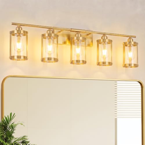 5-Light Brushed Gold Bathroom Light Fixtures Over Mirror with Clear Glass and Metal Cage Shade, 38" UL-Listed Modern Farmhouse Wall Sconce for Bath, Hardwire E26, OS-3014BG-5W - color: Gold + Clear Glass, size: 5-Light, 38.5" L