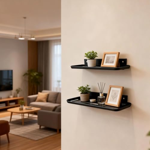Wall Mounted Floating Shelf, Self Adhesive Shelf, No Drill Adhesive Wall Shelf, Floating Shelves Damage-Free Expand Walls Space for Living Room Kitchen Bathroom (2, Black) - color: Black