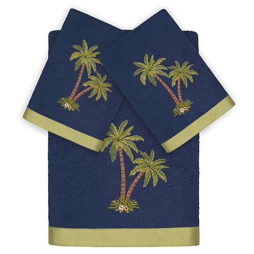 Flourish 3-Piece Towel Set, Embroidered Palm Tree Design, 100% Turkish Cotton, Super Absorbent & Luxurious, Tropical Bathroom Decor, 1 Bath 2 Hand Towels, Marine - color: Marine, size: 1 Pc Bath 2 Pcs Hand Towel