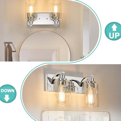 2-Light Bathroom Light Fixtures Modern Chrome Vanity Lights | Easy to Install Clear Glass Shades, Wall Mount Up or Down, E26 Socket, Hardwired, 125V - color: Chrome, size: 2 Lights