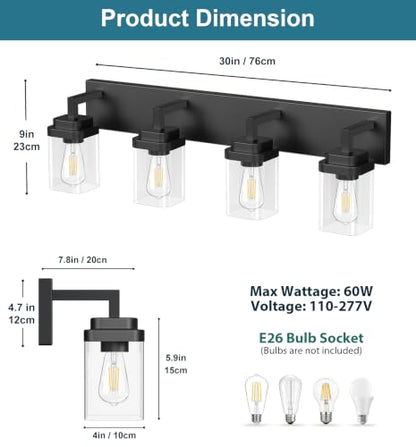 Matte Black Bathroom Light Fixtures, Modern Vanity Lights with Clear Glass Lamp Shade, Bathroom Lighting Fixtures Over Mirror, Restroom Vanity Lighting Fixture, 4-Light 30 Inch - color: Blakc, size: 4-Light