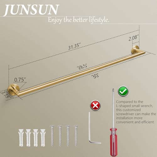 JunSun Towel Bar 30 Inch Bathroom Towel Rack Heavy Duty Bath Towel Holder Modern Towel Rod Brushed Brass Towel Hanger Bathroom Accessories Gold Towel Rail Stainless Steel Single Towel Bar Brushed Gold - color: Brushed Gold, size: 30 Inch