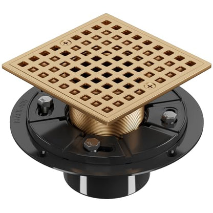 4 Inch Square Shower Floor Drain with Flange and Hair Strainer | Champagne Bronze Shower Drain with Hair Catcher, SUS304 Stainless Steel, Anti-Clog, Removable Grid Drain Cover, For Bathroom - color: Champagne Bronze