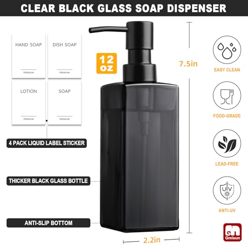 GMISUN Black Glass Soap Dispenser, Hand Soap Dispenser with Stainless Steel Pump for Bathroom, 12 fl oz/350ml Refillable Dish Dispensers for Kitchen, Modern Liquid Lotion Bottles for Countertop - color: Clear Black Bottle + Black Pump