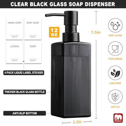 GMISUN Black Glass Soap Dispenser, Hand Soap Dispenser with Stainless Steel Pump for Bathroom, 12 fl oz/350ml Refillable Dish Dispensers for Kitchen, Modern Liquid Lotion Bottles for Countertop - color: Clear Black Bottle + Black Pump