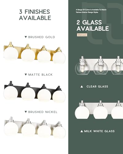 4-Light Brushed Nickel Bathroom Vanity Light, Milk Glass Globe Shade | 26" modern bathroom light fixtures over mirror, E26 base, bulbs not included, VL195-BN-ML-4 - color: Brushed Nickel, Milk Glass, size: 4-light