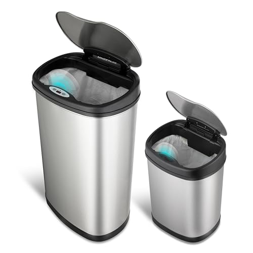 Ninestars Two-Piece Automatic Trash Can Combo Set, 13 Gal (50L) & 3 Gal (12L) Touchless Motion Sensor Garbage Cans with Odor-Sealing Lids, Matching Oval Stainless Steel, Black Trim