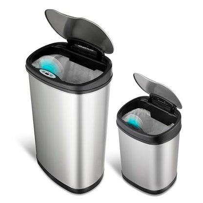 Ninestars Two-Piece Automatic Trash Can Combo Set, 13 Gal (50L) & 3 Gal (12L) Touchless Motion Sensor Garbage Cans with Odor-Sealing Lids, Matching Oval Stainless Steel, Black Trim