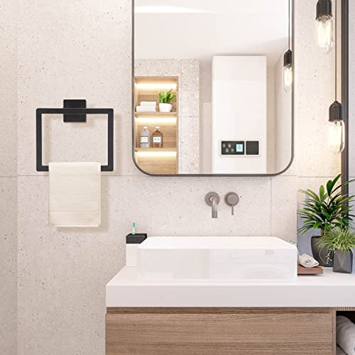 Matte Black Towel Ring,Square Hand Towel Holder,Towel Hanger, Bathroom Hardware Accessories,Stainless Steel Wall-Mounted Towel Hoder - color: Matte Black, size: 1 Pc